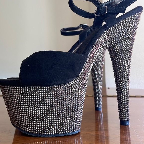 Pleaser Bejeweled Black Leather Rhinestone Platform 709DM Heels - Picture 1 of 17